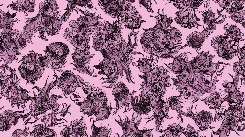 Image similar to a seamless gigantic flower demon pattern, horror, pastel, scary, demonic, artstation, digital art.