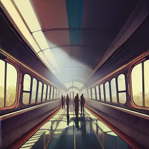 Image similar to retro futuristic vintage train station, atmospheric lighting, painted, intricate, volumetric lighting, beautiful, daytime, sunny weather, slight overcast, sharp focus, deep colours, ultra detailed, by leesha hannigan, ross tran, thierry doizon, kai carpenter, ignacio fernandez rios