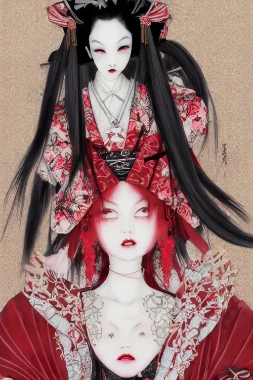 Image similar to japanese bjd geisha vampire queen in victorian red dress in the style of dark - fantasy lolita fashion painted by yoshitaka amano, takato yamamoto, james jean, dmt art, symmetrical vogue face portrait, volumetrics, intricate detail, artstation, cgsociety, artgerm, gold skulls, rococo