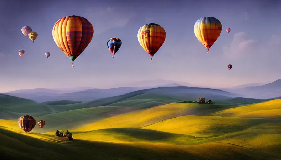 Prompt: a beautiful landscape painting, flying colorful hot air balloons, tuscany hills, by sam guay, moody lighting, hyperrealism, 4 k, octane render