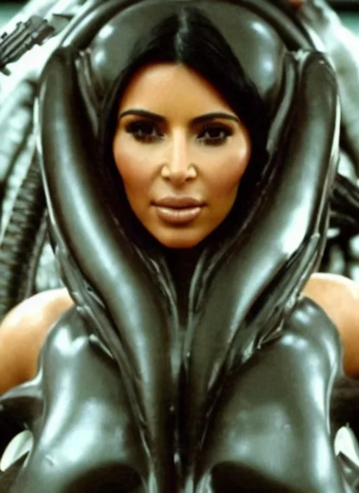 Image similar to film still of kim kardashian being held by an xenomorph in Alien.