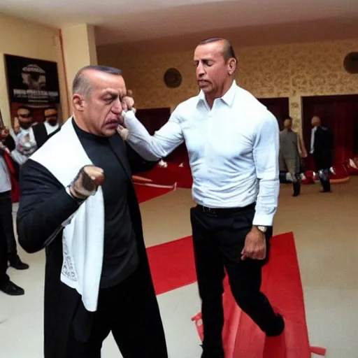 Image similar to The Rock and Recep Tayyip Erdogan fighting in a mosque