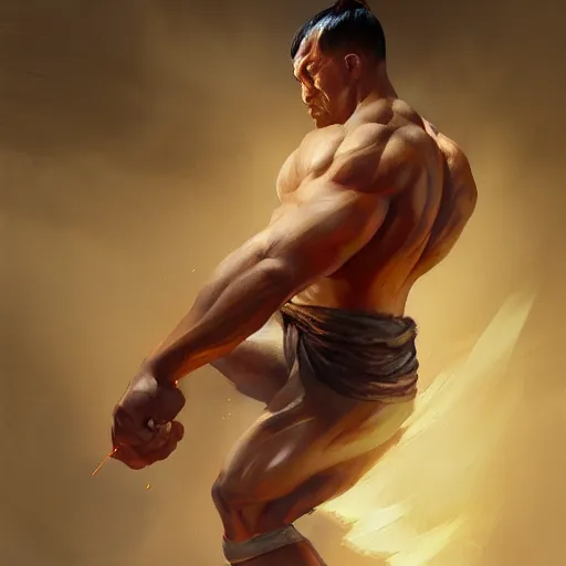 Prompt: A detailed oil painting of a muscular martial artist by greg rutkowski and artgerm, trending on artstation, dungeons and dragons art