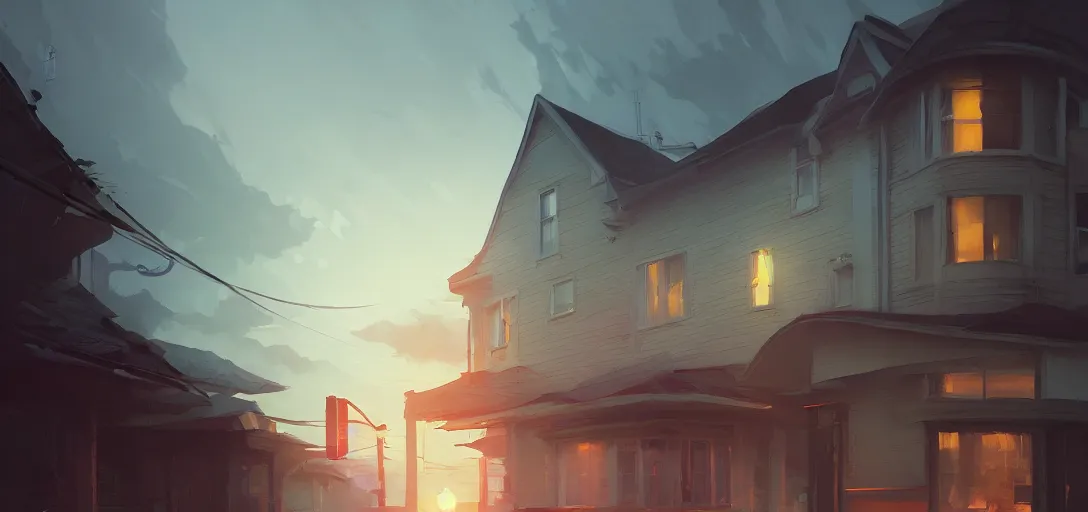 Prompt: bungalow in chicago, cinematic lighting, detailed, cell shaded, 4 k, warm colours, concept art, by wlop, ilya kuvshinov, artgerm, krenz cushart, greg rutkowski, pixiv. cinematic dramatic atmosphere, sharp focus, volumetric lighting, cinematic lighting, studio quality