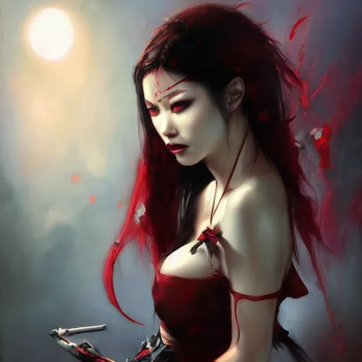 Image similar to beautiful asian vampire woman, paint by Raymond Swanland