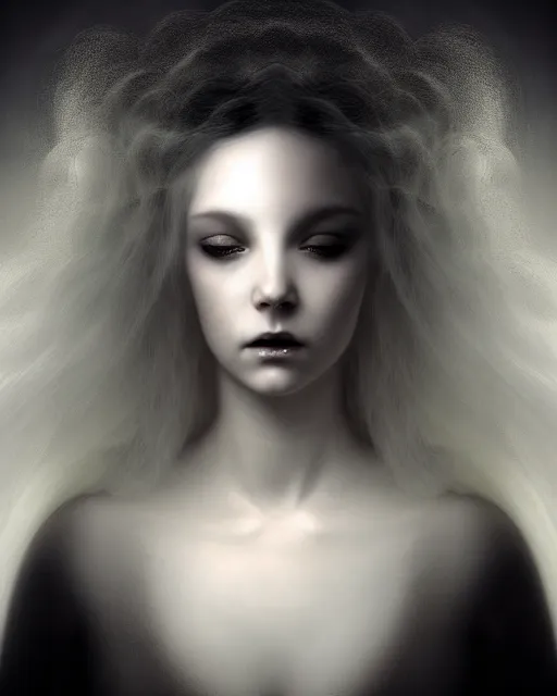 Prompt: soft, delicate, dreamy, dramatic, subsurface scattering, white, young beautiful goddess in cosmos with very long white hair floating in air, fluid smoke art, black and white, octane render, dino valls, mark ryden, joe fenton, michal karcz, highly detailed, rim light, art, cinematic lighting, very coherent, hyper realism, 8 k