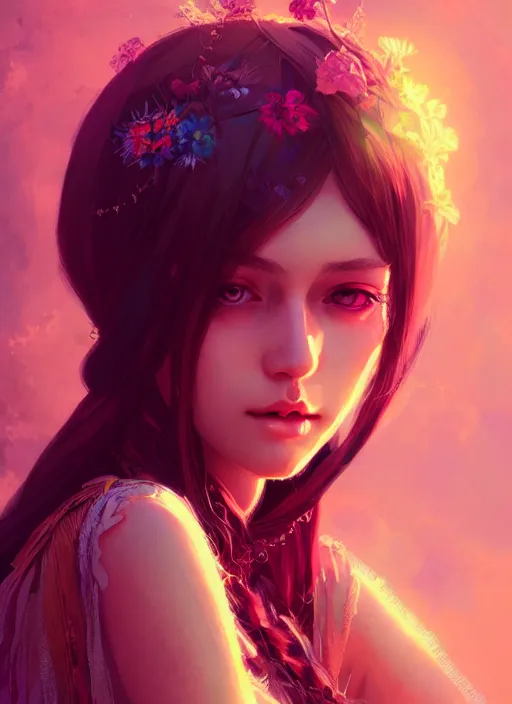 Image similar to a beautiful bohemian girl, intricate, highly detailed, digital painting, Pixiv, Artstation, official media, anime key visual, concept art, rich vivid colors, ambient lighting, sharp focus, illustration, art by WLOP