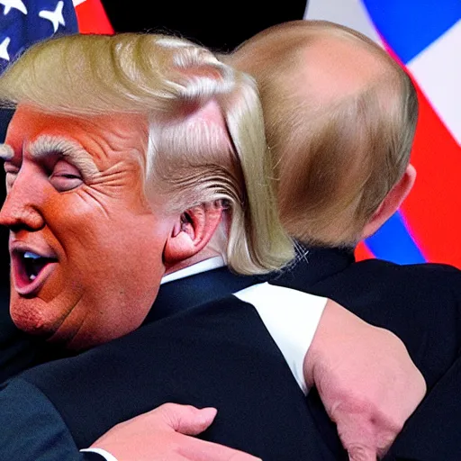 Image similar to donald trump tenderly hugging putin