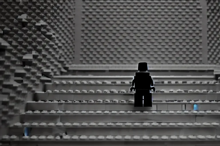 Prompt: a small faceless figure walking down a darkened stairway made of lego, horror film