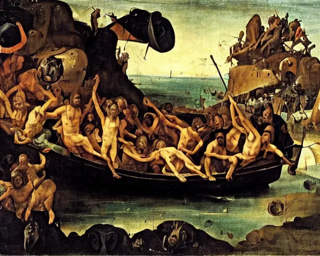 Prompt: The Raft Of Medusa By Thèodore Gèricault painting by Hieronymus Bosch