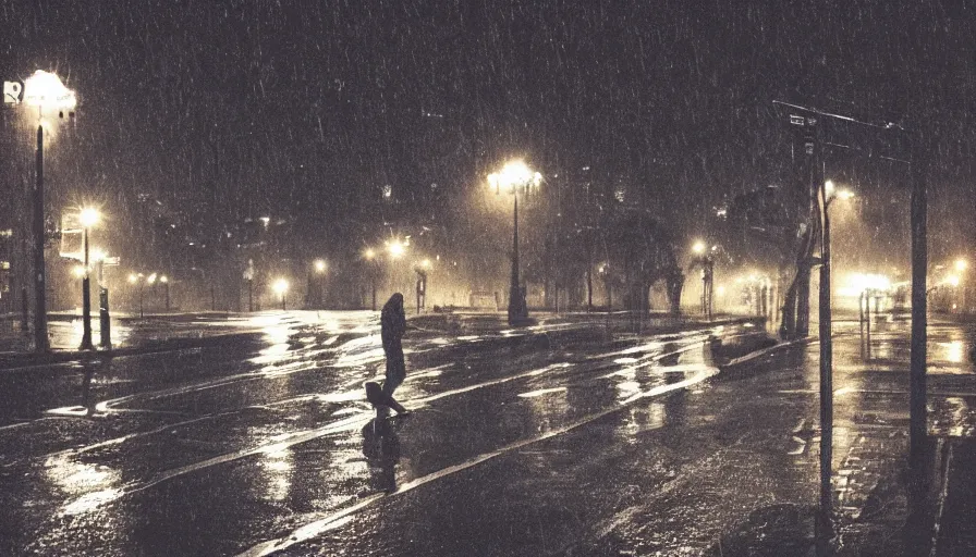 Prompt: alone in the street, at night, rain