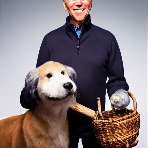 Image similar to uhd candid photo of joe biden wearing a basket muzzle, with accurate face, real muzzle, uhd, studio lighting, correct face, photo by annie leibovitz