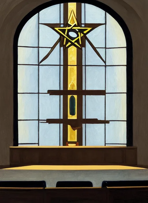Prompt: giant fist in a church interior with pentacle painted by Edward Hopper and James Gilleard