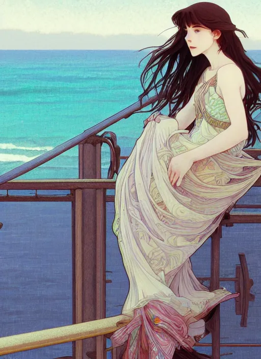 Image similar to pretty young woman leaning against the railing at the beach, path traced, highly detailed, high quality, digital painting, by studio ghibli and alphonse mucha, leesha hannigan, makoto shinkai, disney