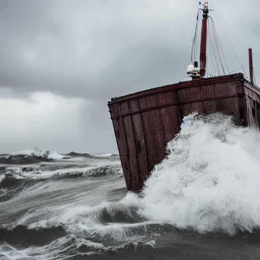 Image similar to Stormy sea, big waves, rain, lightning, gray clouds, old wooden ship, Giant Tentacles rising from water in foreground, Canon EOS R3, f/1.4, ISO 200, 1/160s, 8K, RAW, unedited, symmetrical balance, in-frame.