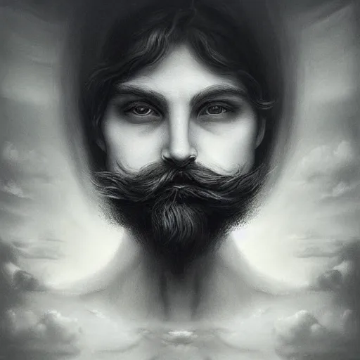 Image similar to By Tom Bagshaw, ultra realist soft painting of gloomy universe by night, Dwarf smile beard, symmetry accurate features, very intricate details, ominous sky, black and white, volumetric light clouds