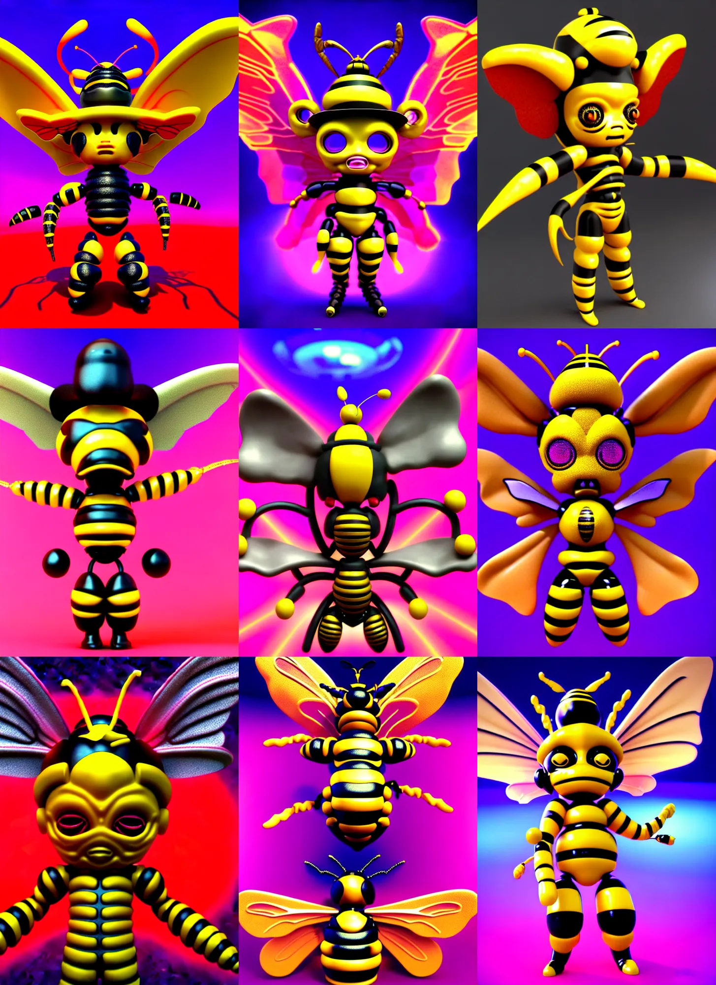 Prompt: 3 d render of chibi cyborg bee demon by ichiro tanida wearing a big cowboy hat and wearing angel wings against a psychedelic swirly background with 3 d butterflies and 3 d flowers n the style of 1 9 9 0's cg graphics 3 d rendered y 2 k aesthetic by ichiro tanida, 3 do magazine