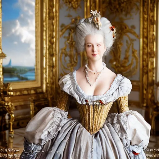 Image similar to marie antoinette in versailles, wow 4 k detail fantasy, matte painting, realistic materials, photo realistic, postprocessing, cinematic, hyperrealistic, studio lighting, ekaterina, the tudors, photography by richard jenkins