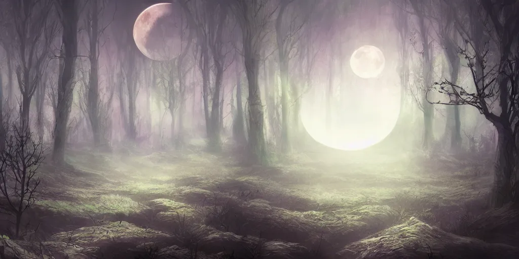 Image similar to dreamy moon forest, concept art, fantasy, magical, digital art, mixed media, trending on artstation