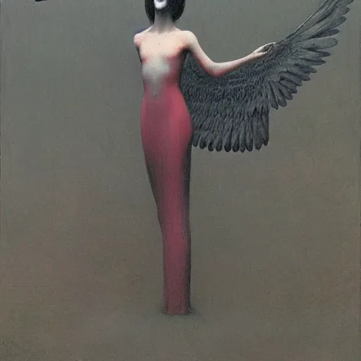 Image similar to bird girl with black wings by Beksinski