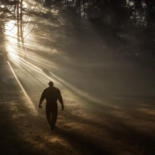 Image similar to a still of mike tyson, cinematic, 4 k, god rays through fog