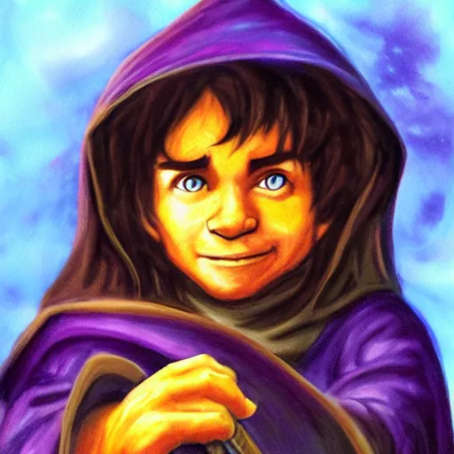 Image similar to Profile picture of a 30 year old halfling wizard. Medium length brown hair, hooded purple cloak. Glowing blue wand charged with energy. Organic Painting, Matte Painting, meaningful