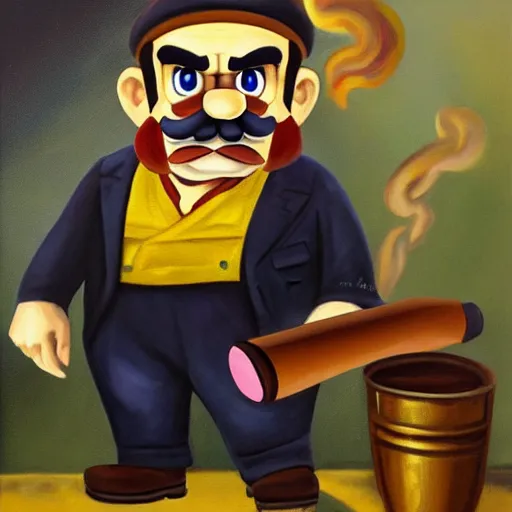 Image similar to wario from the mario series wearing a 3 piece suit and smoking a cigar ( oil painted, greatly illustrated, a portrait, high detailed, great quality painting )