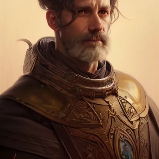 Image similar to portrait painting of a d & d male cleric, ultra realistic, concept art, intricate details, eerie, highly detailed, photorealistic, octane render, 8 k, unreal engine. art by artgerm and greg rutkowski and charlie bowater and magali villeneuve and alphonse mucha