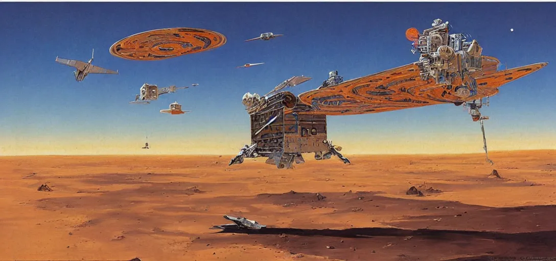 Image similar to a boxy! spacecraft!! flying over a desert landscape! on another planet!!!, by robert mccall