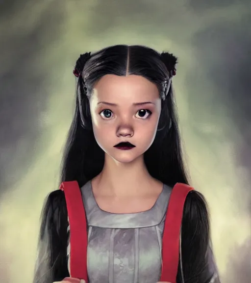 Prompt: An epic fantasy comic book style portrait painting of a very beautiful Jenna Ortega as Wednesday Addams, awesome pose, character design by Mark Ryden and Pixar and Hayao Miyazaki, unreal 5, DAZ, hyperrealistic, octane render, cosplay, RPG portrait, dynamic lighting, intricate detail, summer vibrancy, cinematic