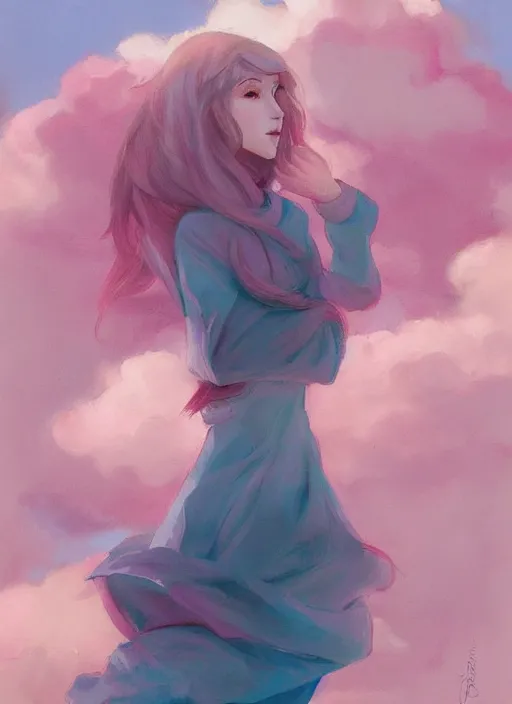 Image similar to woman, pink clouds, by loish