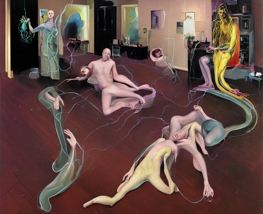 Image similar to Man and woman attached as one by love in a living room of a house, floating serpentine energy surrounds the middle of the room. There is oopen refrigerator to the side of the room, surrounded by a background of dark cyber mystic alchemical transmutation heavenless realm, cover artwork by francis bacon and Jenny seville, midnight hour, part by adrian ghenie, part by jeffrey smith, part by josan gonzales, part by norman rockwell, part by phil hale, part by kim dorland, palette knife texture, paint drip, midnight hour, artstation, highly detailed