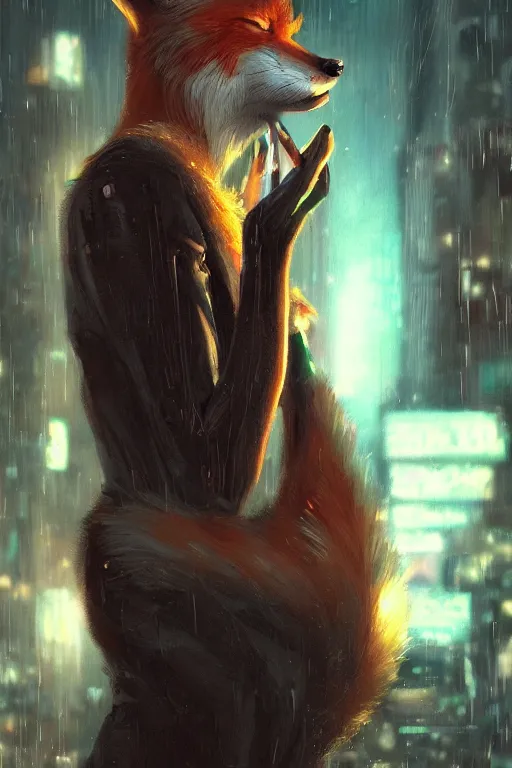 Prompt: beautiful portrait of a tall female anthro fox smoking a cigarette white standing head and shoulders taller than the bustling crowd of a rainy city street, cyberpunk, harsh neon lights, highly detailed, sharp focus, digital painting, illustration, trending on artstation, art by sakimichan, wlop, greg rutkowski