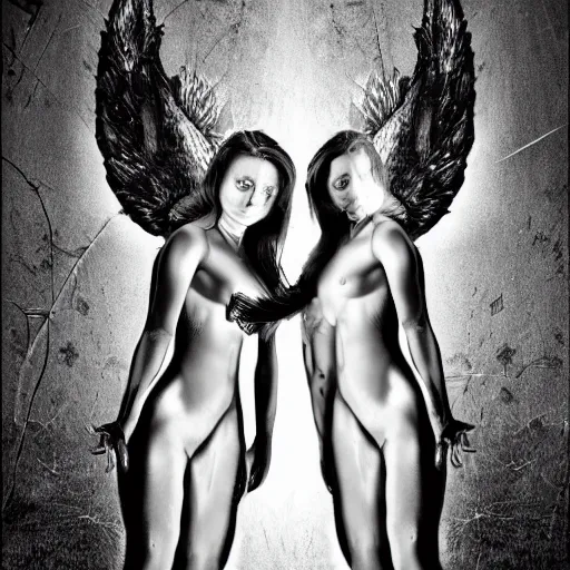 Prompt: devil and angel in mirrored pose, dramatic scene, 8 k, high quality, realistic, 3 5 mm photography