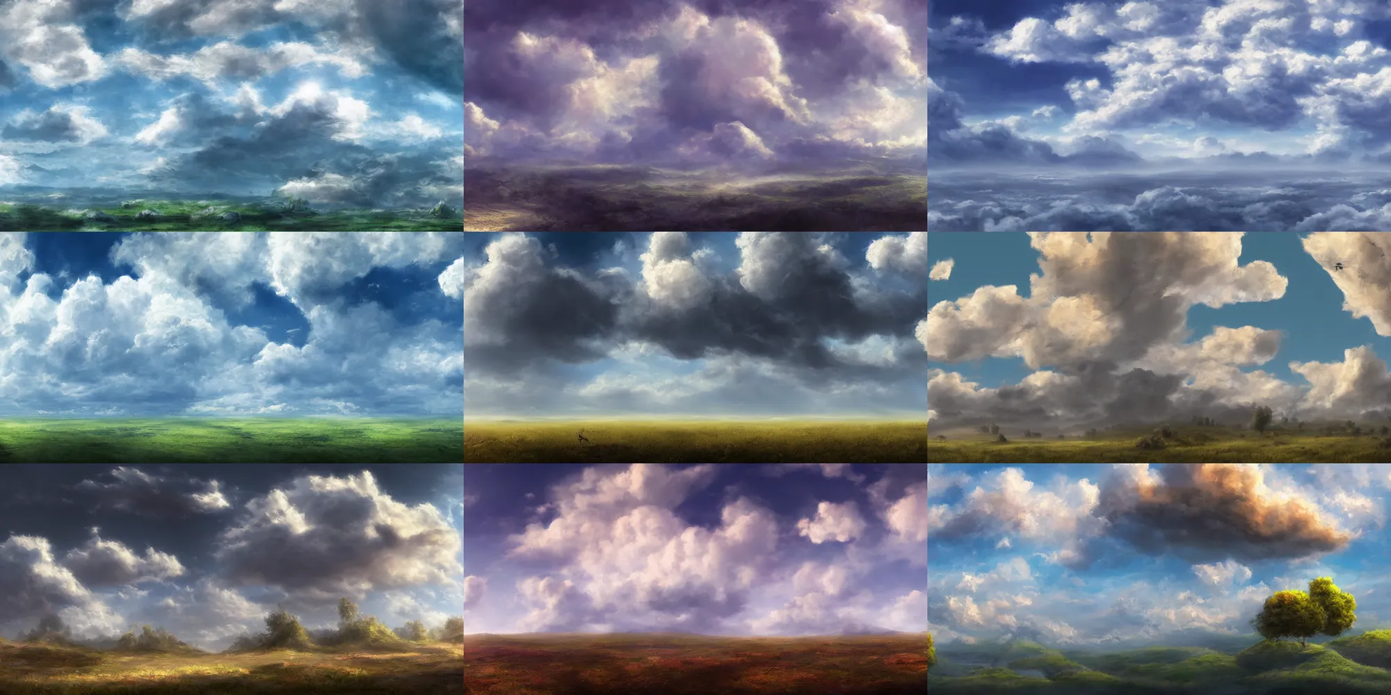 Image similar to peaceful puffy clouds, matte painting, concept art, 4k