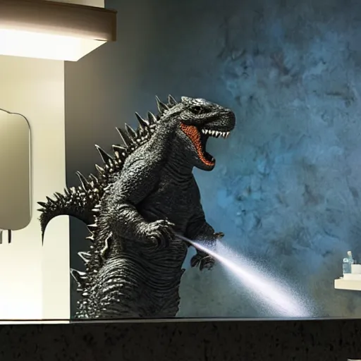 Image similar to godzilla in the bathroom brushing his teeth, electric toothbrush