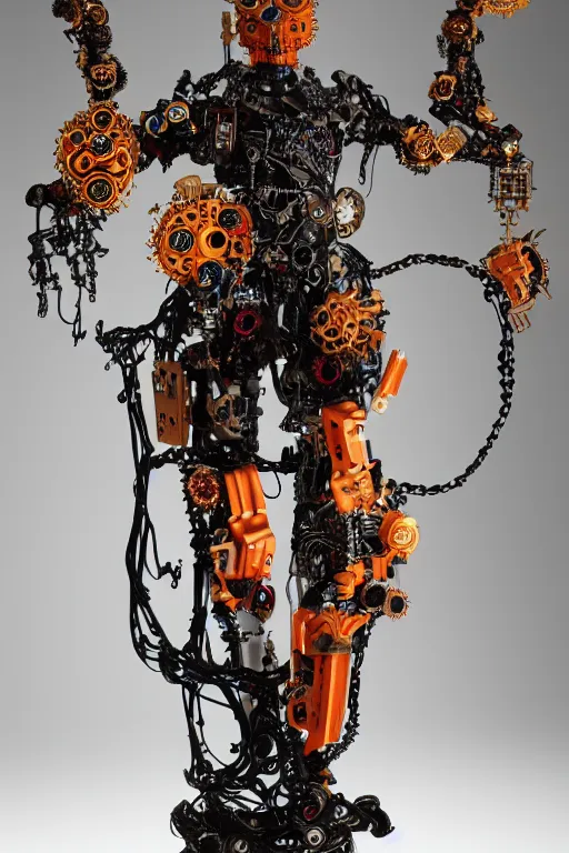 Image similar to full-body baroque and cyberpunk style sculpture of a young handsome Spanish prince half android with a chest opening exposing circuitry and a sparking motherboard, glowing blue lasert eyes, crown of mechanical gears and roses, flowing orange-colored silk, fabric, steampunk archways. baroque elements, human skull. full-length view. baroque element. intricate artwork by caravaggio. many many birds birds on background. Trending on artstation, octane render, cinematic lighting from the right, hyper realism, octane render, 8k, depth of field, 3D