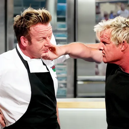 Prompt: jamie oliver fighting gordon ramsey, photo