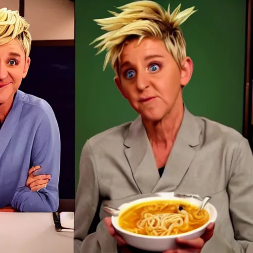 Image similar to Ellen DeGeneres cosplaying as Naruto and eating ramen noodles, absurd, surreal, high quality