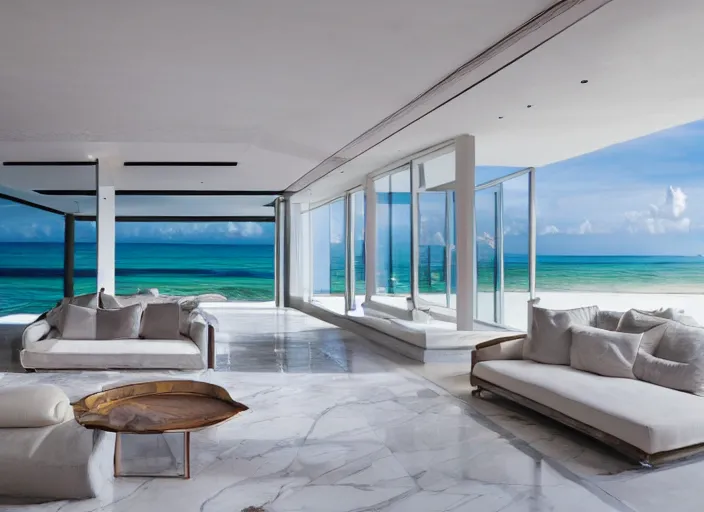 Prompt: interior photo of a modern beach mansion with a beautiful couch next to a white marble table on top of which there are magnificent flowers, highly detailed, hd, 4k