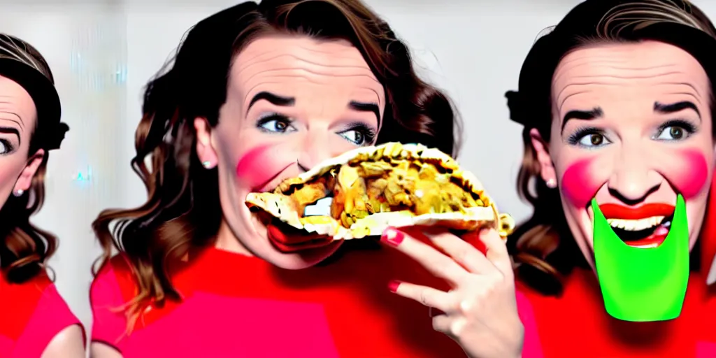 Prompt: old distorted camcorder video of miranda sings holding a taco, multiple poses, video still from miranda sings youtube videos