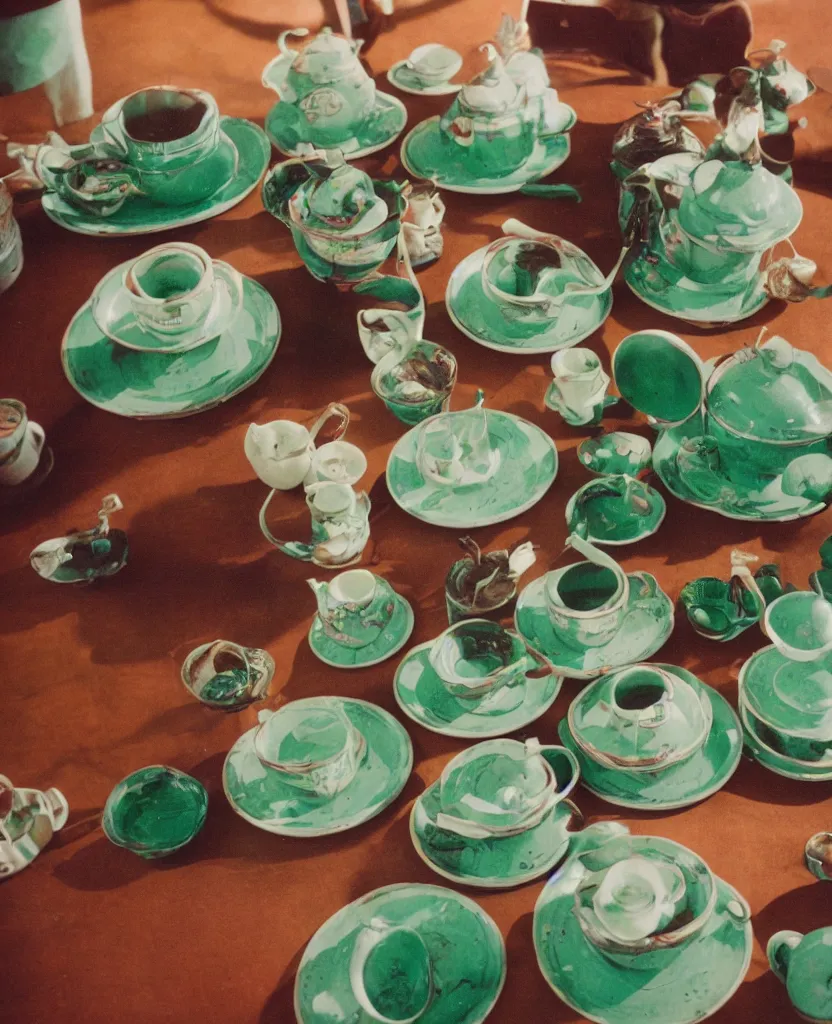 Image similar to spinning plates and saucers about 12 green aliens all playing bingo tea time morning light photo 35mm