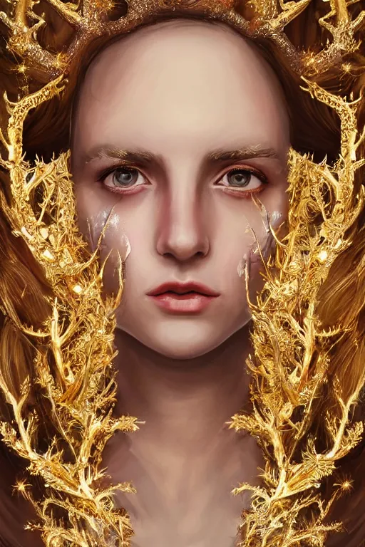 Prompt: young woman with antlers, sad glowing eyes, tears flowing down her face, fantasy, intricate, highly-detailed, elegant, gold, crown, flowers, dramatic lighting, glowing halo, gorgeous face, sexy gown, lifelike, photorealistic face, digital painting, artstation, illustration, concept art, smooth, sharp focus, art by John Collier and Albert Aublet and Krenz Cushart and Artem Demura and Alphonse Mucha