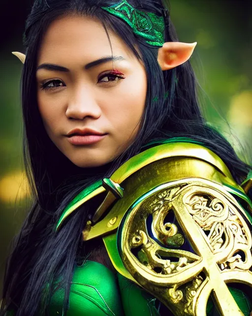 Prompt: a beautiful close up photo of a Filipina female elf ranger with long hair and green eyes, no helmet, wearing green and gold futuristic mecha armor, with ornate rune carvings and glowing lining, very detailed, shot in canon 50mm f/1.2