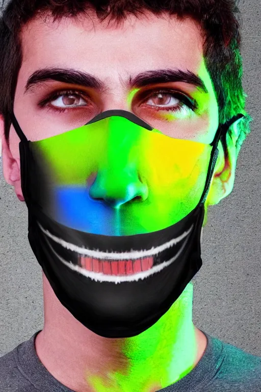Image similar to rgb glitched face of young man wearing black mask