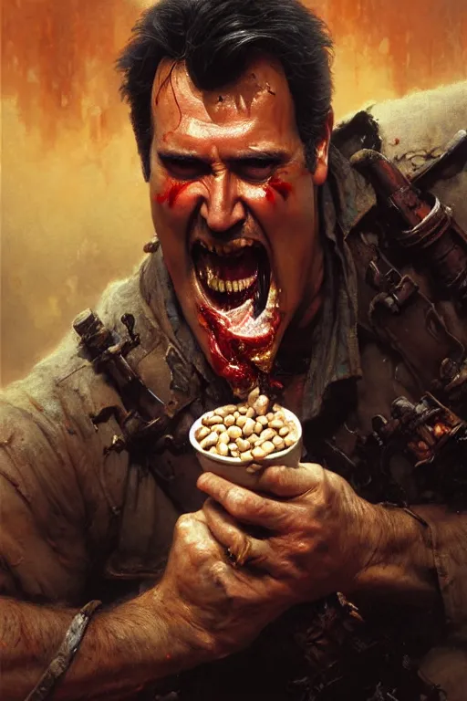 Prompt: bruce campbell screaming and eating beans, extreme close up, insane face, high detail, portrait dnd, painting by gaston bussiere, craig mullins, greg rutkowski, yoji shinkawa