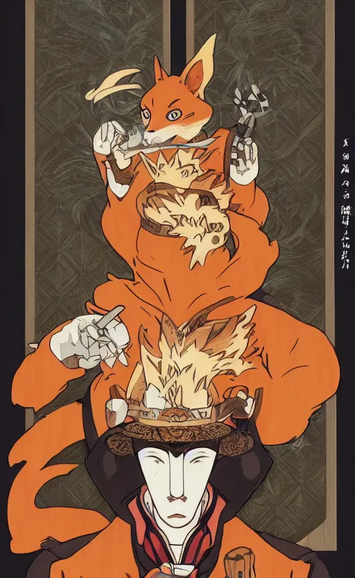 Image similar to masked godly kitsune smoking a wooden pipe, anime style, symmetrical facial features, front trading card, from genshin impact, hyper realistic, orange fur, rule of thirds, extreme detail, 4 k, detailed drawing, trending artstation, realistic lighting, by alphonse mucha, greg rutkowski, sharp focus, backlit, fuji mountain