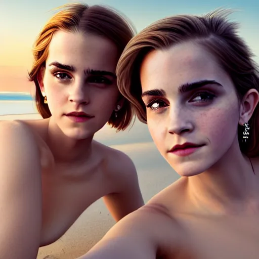 Image similar to beautiful serene intricate portrait of emma watson and emma watson taking a selfie, relaxing on the beach, golden hour, soft focus, 8 k, art by irakli nadar, hyperrealism, hyperdetailed, ultra realistic