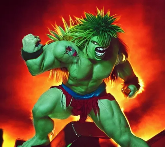 Image similar to blanka from street fighter in an eighties new wave band,