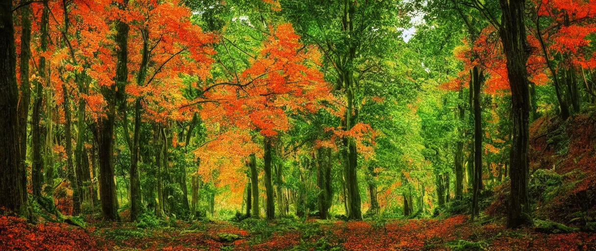 Image similar to a forest that shows the four seasons